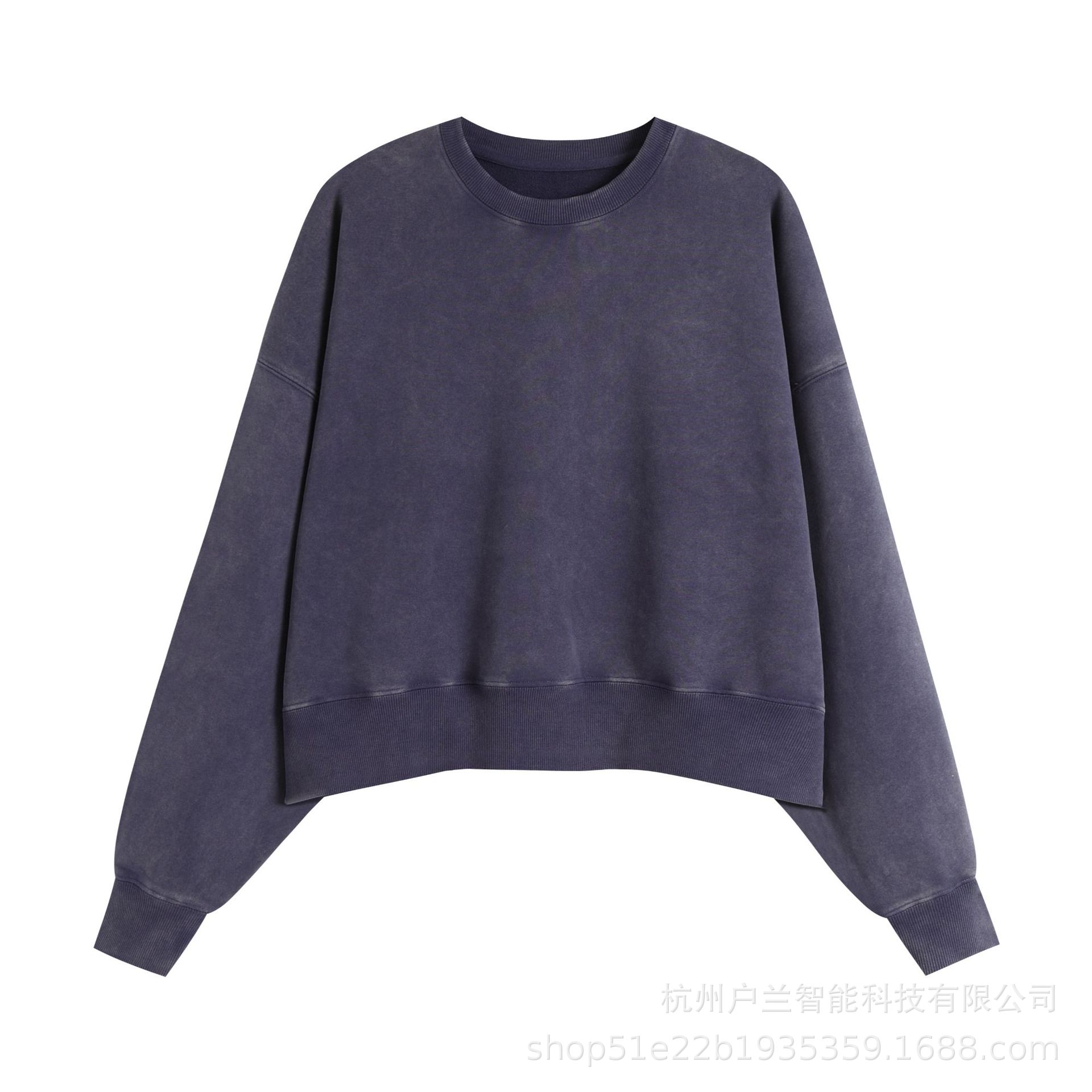 Women's 400g brushed distressed round neck navy blue