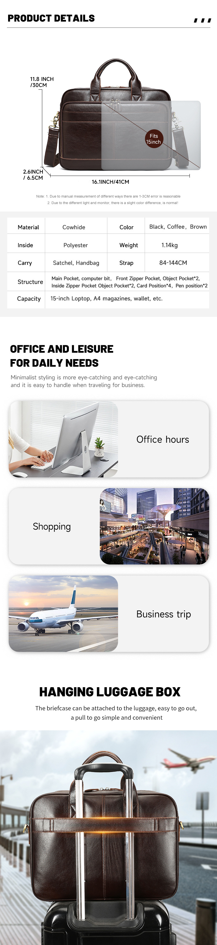 Túi đeo chéo nam da bò thật dung tích lớn đựng laptop công sở — mùa thu tự nhiên màu đen, Cà phê rơi tự nhiên, nâu, Cà phê chi tiết 3