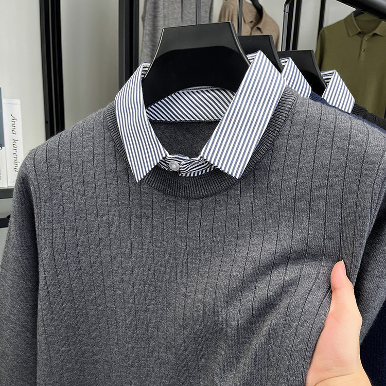 Camisas de punto para hombre simple nuevo falso de alta gama de dos piezas chaqueta casual otoño invierno chaqueta de rayas verticales cabeza suéter de manga larga