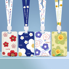 Floral Cartoon Card Holder Wholesale Plastic Slip Cover Student School Meal Card Lanyard Small Cartoon Work ID Card Holder Access Card