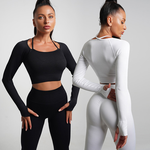 Carefully selected cross-border yoga wear suits, European and American fitness tops with chest pads, sports long-sleeved underwear, high-waist trousers wholesale