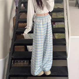 蕾丝花边拼接蓝色格子宽松直筒裤女阔腿裤春秋季2025新款高腰长裤