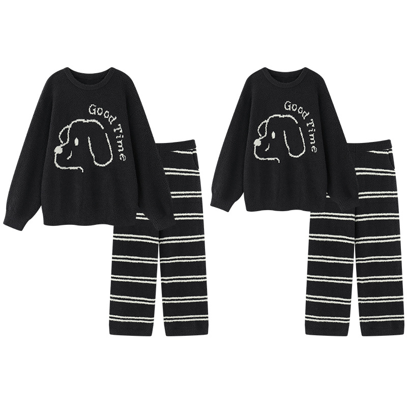 Soft Half-Velvet Couple's Home Clothes for Women in Autumn and Winter Warm Round Neck Line Puppy Pure Color Stripesd Pajamas for Men