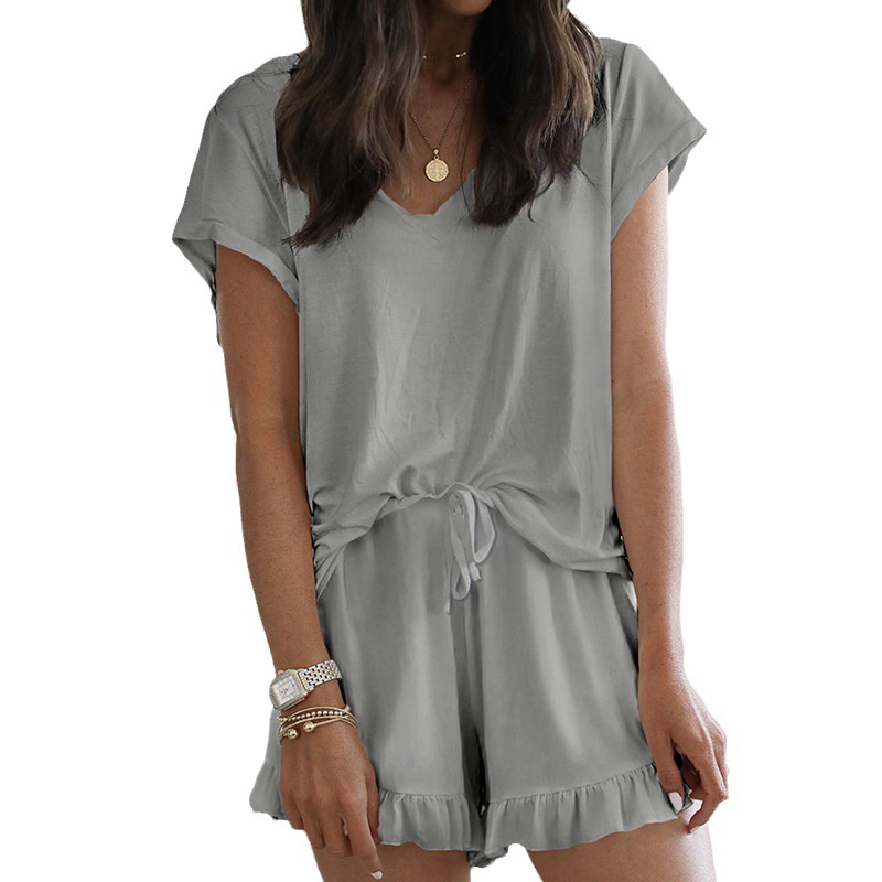 Verano 2020 nuevo hogar de las mujeres desgaste de dos piezas conjunto Amazon V-cuello de color sólido traje casual OM9241