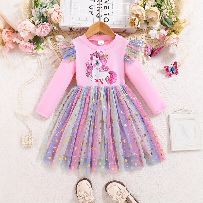 25 Years New Girls Spring and Autum Lotus Leaf Shoulder Long-Sleeved Unicorn Print Dress Hem Colorful Mesh Skirt