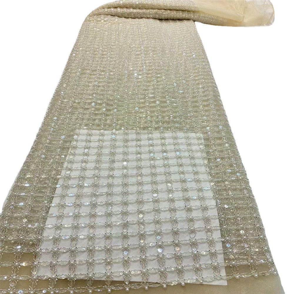 Industria pesada Plaid cadena lentejuelas cuentas encaje Malla tela bordado vestido de novia cheongsam tela JX2270 image 6