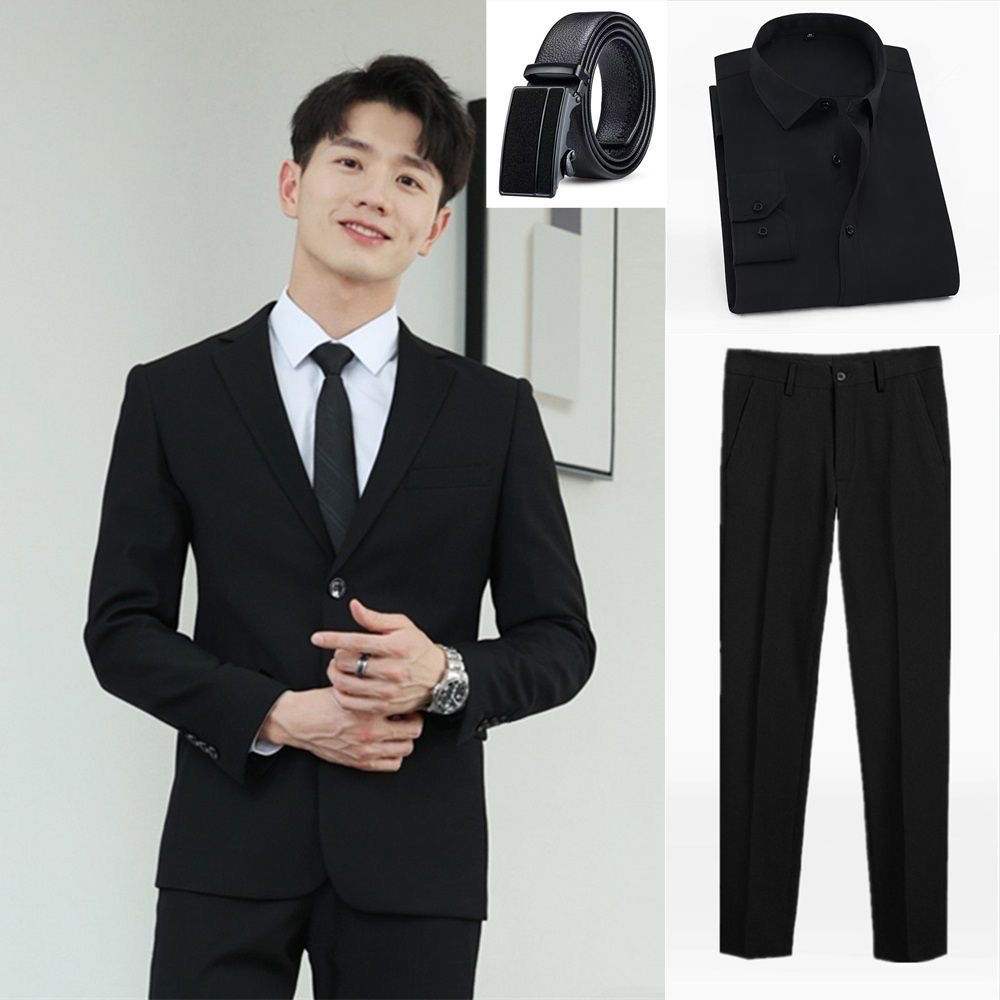 (벨트 추가) 검은색 정장 + 검은색 바지 + 검은색 셔츠와 넥타이