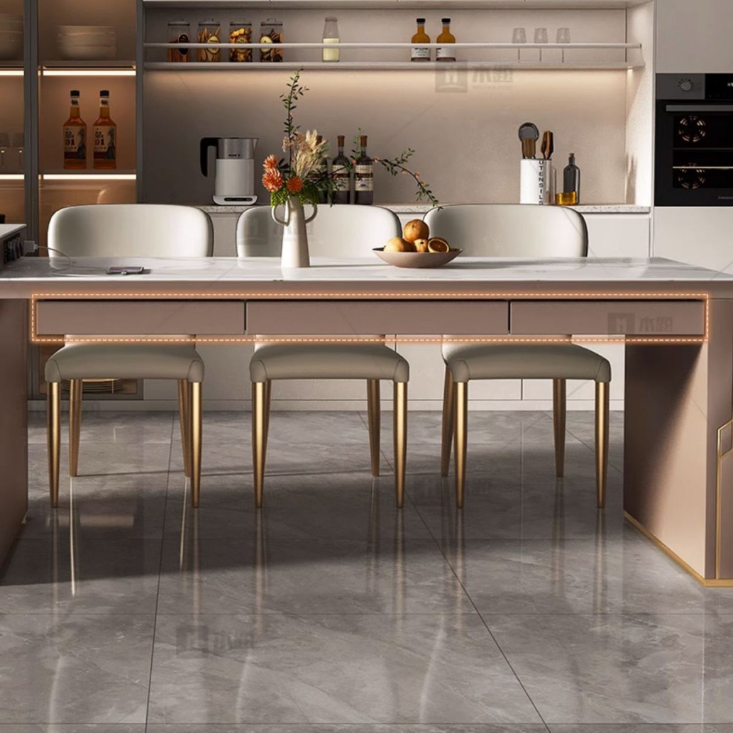 Mesa de comedor de mesa de mesa de mesa de la isla de Guotai, cocina integrada con fregadero, hogar retráctil moderno, combinación de mesa de comedor y silla de losa ligera de lujo