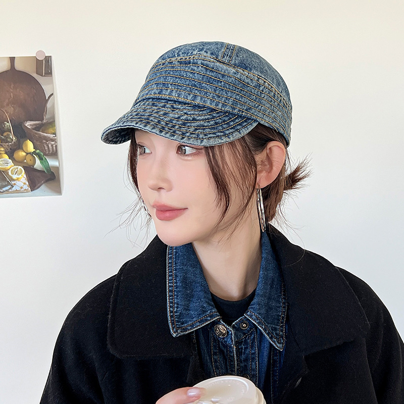 Sombrero de pescador de vaqueros para mujeres coreanas lavadas con agua para hacer viejos bordes suaves para mostrar la cara gorra de lengua de pato simple de marea sombrero solar plegable