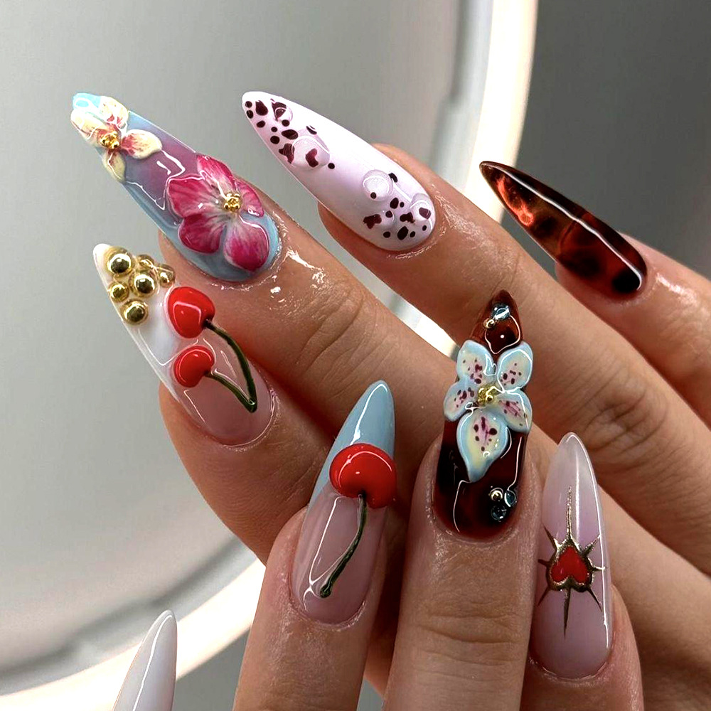 Ventas transfronterizas en relieve tridimensional perforación de uñas flores de cereza hermosas uñas 24 piezas parches de uñas terminados image 1