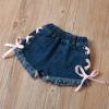 Girl’s solid color bowknot bra top lace up denim shorts two piece set