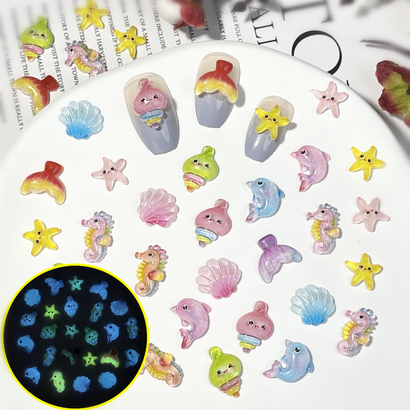 Cross-border luminous cartoon nail jewelry fine flashing dolphin fishtail starfish shell cute marine biological resin accessories