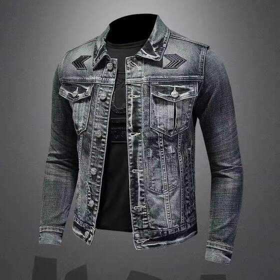 Casual High Street Vintage Denim Jacket Men's Motorcycle Embroidered Fashion All-match Fashionable Fashionable Brand Handsome Work Jacket Fashionable