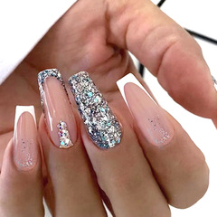 Mid-length ballerina nails, minimalist white French-style sparkling full nail with diamond and pearl fake nails, European and American Instagram-style nail plates