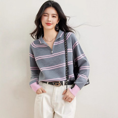 韩系撞色条纹polo领半拉链针织衫毛衣女2025秋季新款洋气内搭上衣