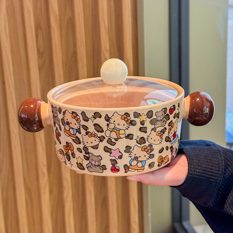 Cute Cartoon Black Leopard Print Kt Cat Ceramic Instant Noodle Bowl with Double Handles, Suitable for Snail Noodle Soup, for Student Dormitory Use Cute Cartoon Black Leopard Print Kt Cat Ceramic Instant Noodle Bowl with Double Handles, Suitable for Snail Noodle Soup, for Student Dormitory Use
