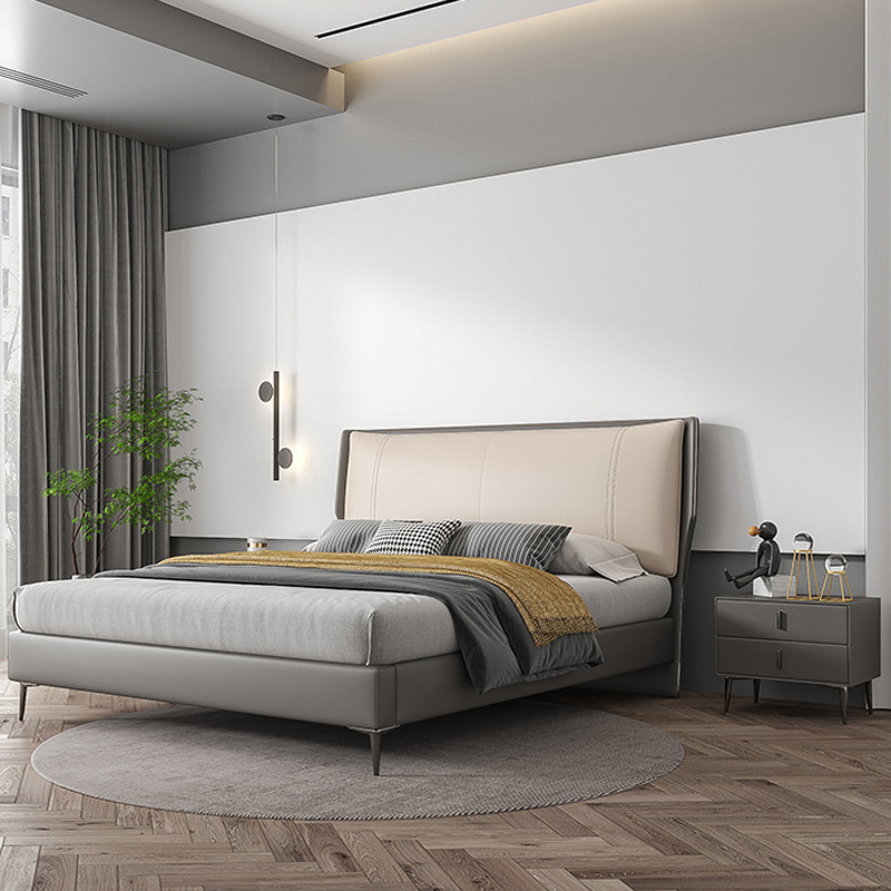 包邮 简约现代真皮床双人轻奢极简主卧大床软包大气婚床1.8米皮床|ms