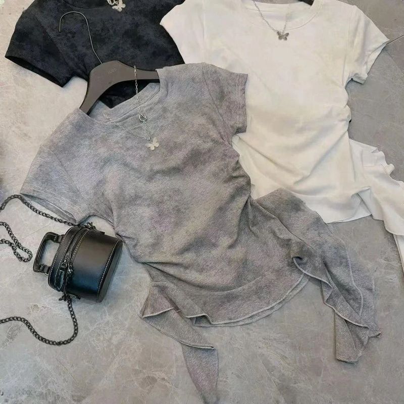 ドーパミン不規則絞り染めリボン半袖フリルTシャツ裾夏新作デザインスリムフィットトップ|undefined