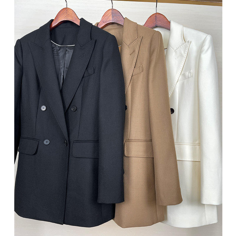 2026 Spring and Autumn Double-Breasted Horn Button Twill Pure Wool Blazer for Women Classic Suit Jacket Women's Double-Breasted