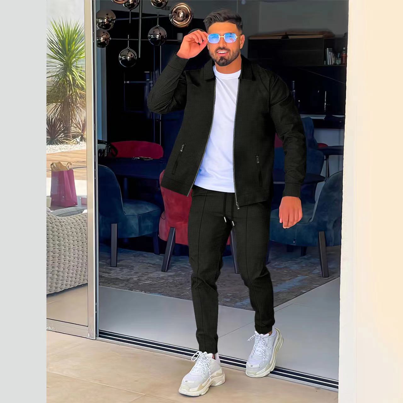 Men's Waffle Solid Color Lapel Casual Outdoor Jacket And Trousers Set Long Sleeved Elegant Basic Polyester Spring Summer Autumn_voghion.com