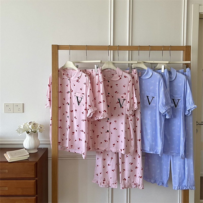 Doll Collar Lyocell Tencel Cotton Pajamas for Women, Short-Sleeved Shorts That Can Be Worn Outside, Short-Sleeved Long Pants, Two-Piece Set for Girls Doll Collar Lyocell Tencel Cotton Pajamas for Women, Short-Sleeved Shorts That Can Be Worn Outside, Short-Sleeved Long Pants, Two-Piece Set for Girls