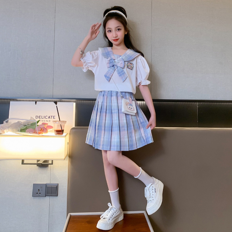 女の子jkスーツのスカート韓国版六一ショーの服の半袖夏服の学院の風の女の子のプリーツのスカートの2つのセットのファッション|undefined
