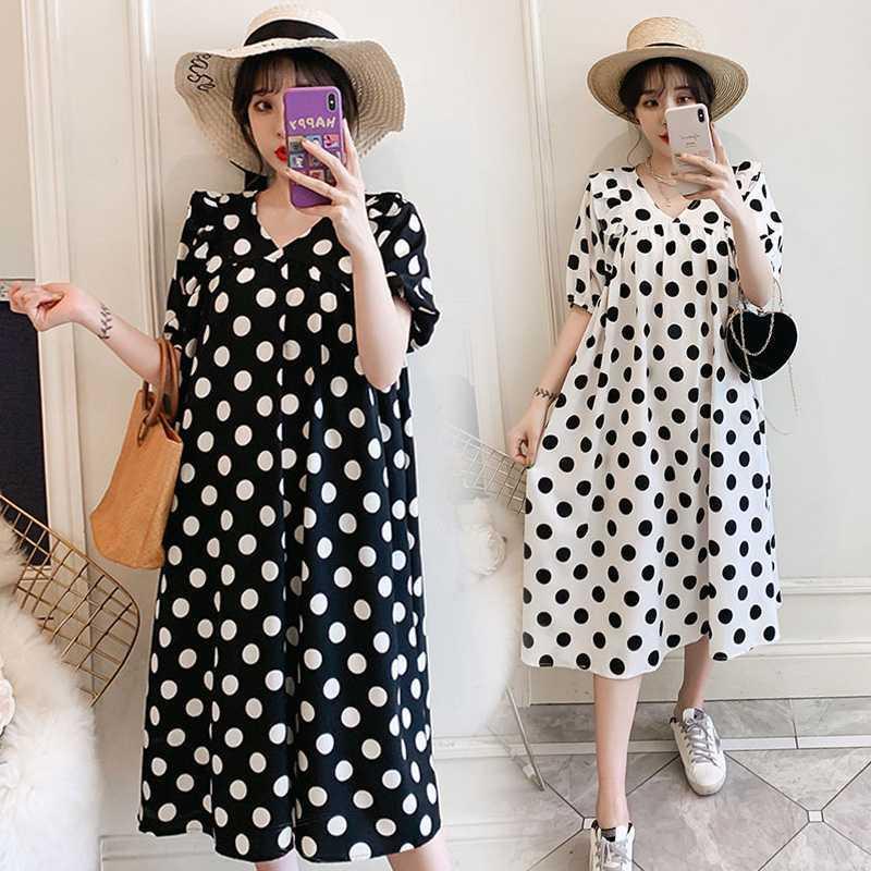 Large Size Women's Wear Chubby Sister Summer New Wave Dot Dress 200 Jin Loose Over-the-Knee Dress Holiday Pregnant Women's Dress