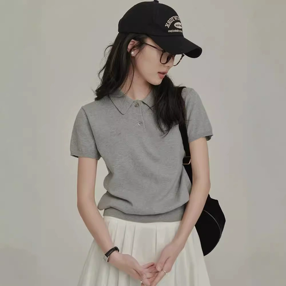 Retro Summer Polo Top, Women's Knitted T-Shirt, French-Style Collar, One Size