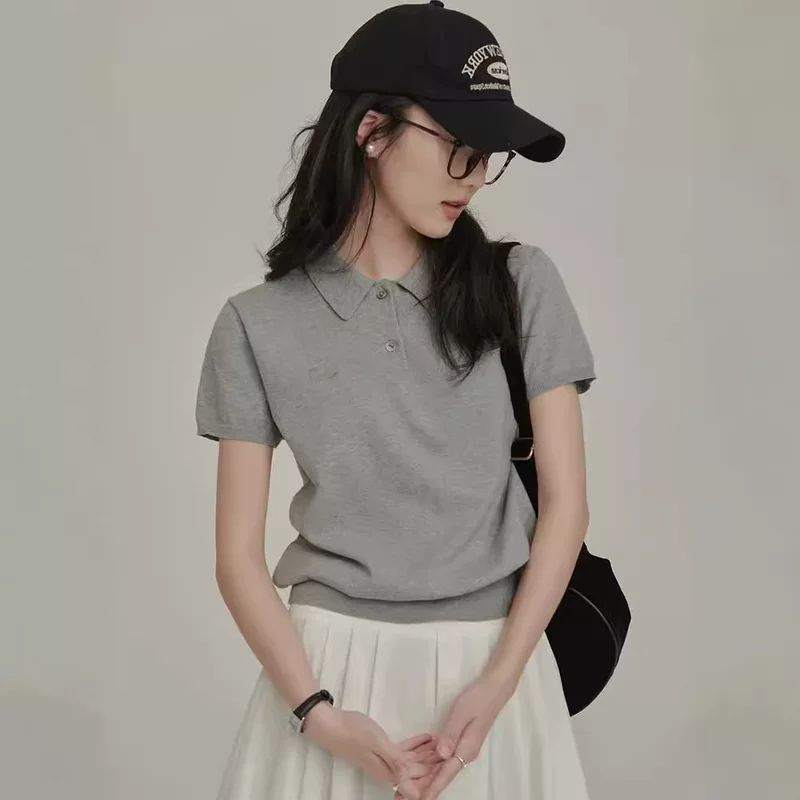 Retro Summer Polo Top, Women's Knitted T-Shirt, French-Style Collar, One Size