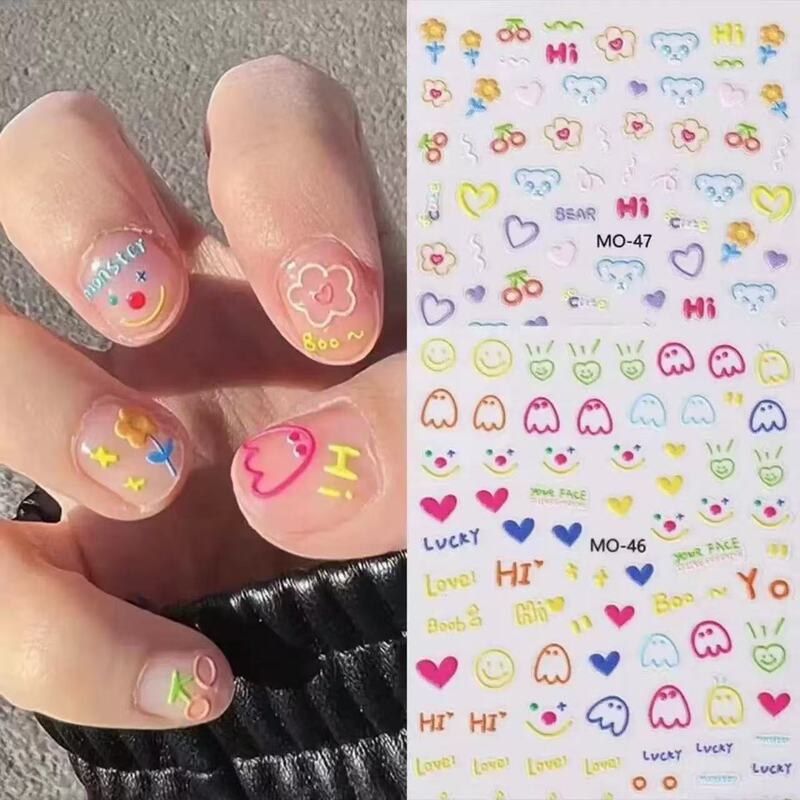 Little Red Book's Same Style Childlike Expression Nail Art Stickers Dopamine Cute Bear Graffiti Stereo Glue-Backed Nail Decals