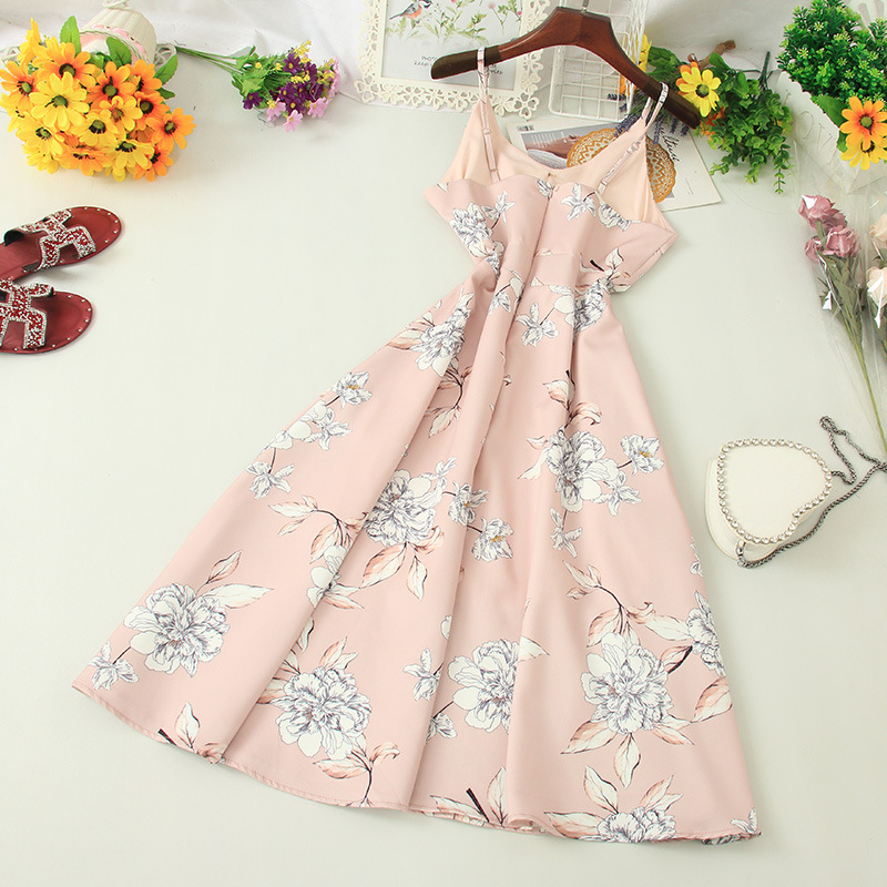 V-neck Flower Print Zipper Waist Slimming Sling Large Swing Dress