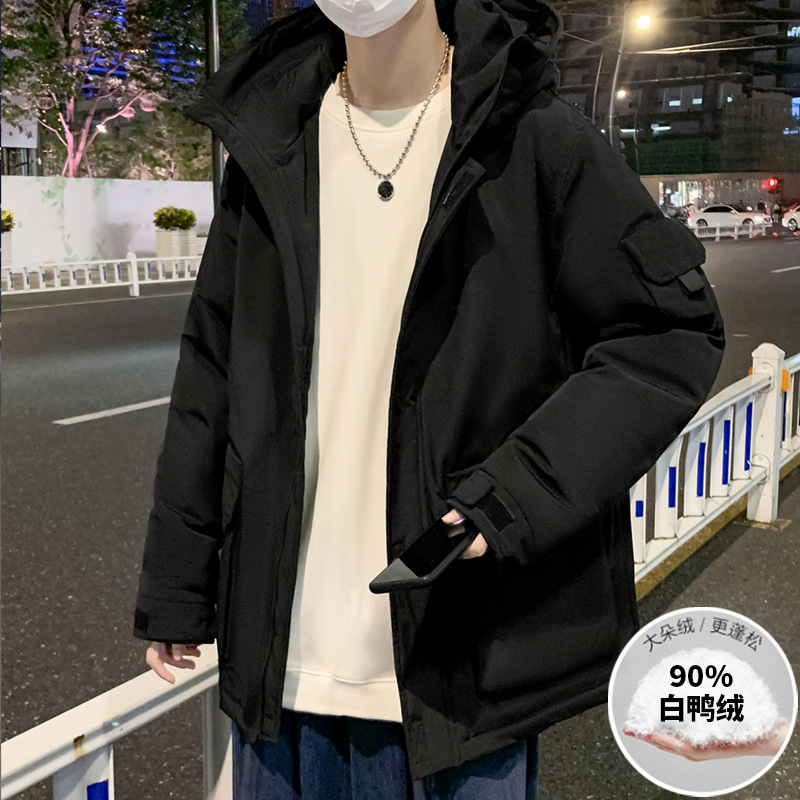 다운 재킷 남자 가을, 겨울 새로운 두꺼운 홍콩 스타일 잘 생긴 남자 화이트 오리 다운 작업복 남성용 트렌디 브랜드 후드 재킷