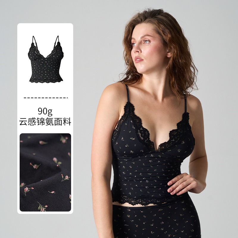 Skims Same Style Print Triangle Cami Black Lace Floral V Neck Sexy Camisole