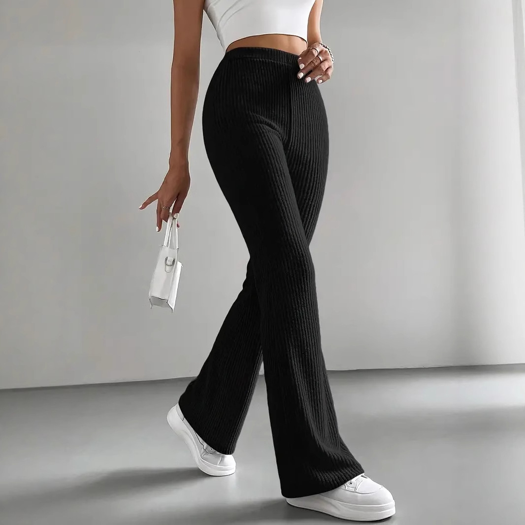 2025跨境春秋新款喇叭裤女士纯色休闲裤罗纹针织时尚百搭修身长裤