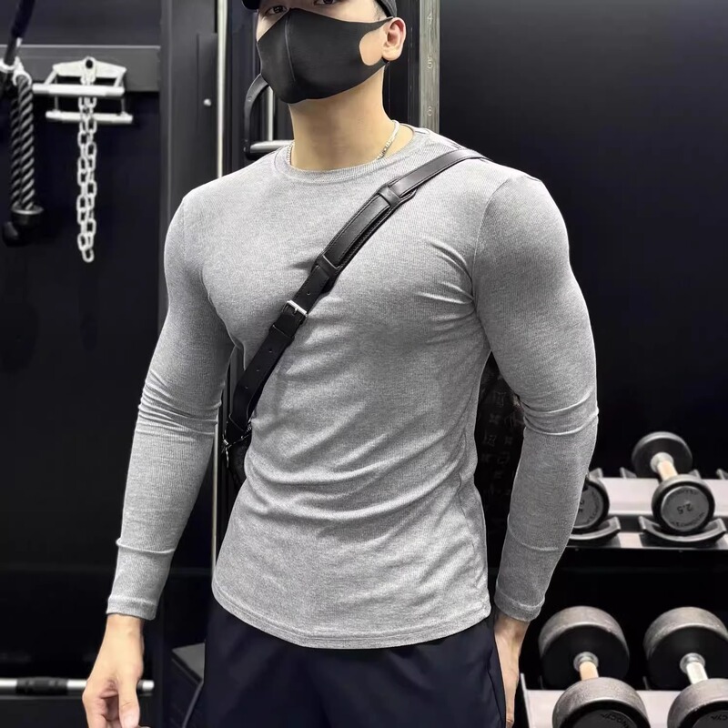 Elastic Quick-Drying Solid Color Muscle-Enhancing Fitness Clothing, Sports Long-Sleeved, Lightweight, Breathable, Slim-Fitting Training Clothing for Men, Spring and Autumn Styles
