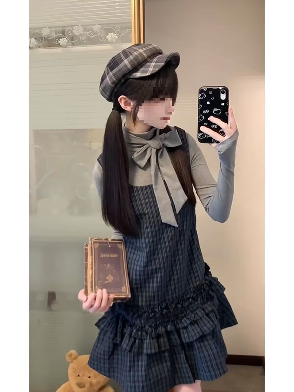少女心事 秋装新款日系古早vintage设计蝴蝶结上衣格纹连衣裙套装|undefined