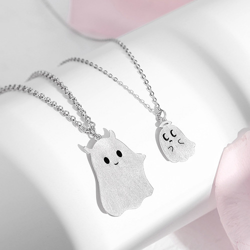Original little ghost couple necklace sterling silver sweet cool style personalized niche clavicle chain cartoon pendant Halloween gift