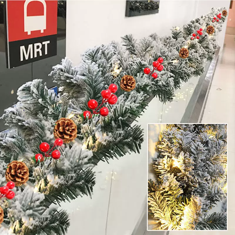 凯锦圣诞节商场橱窗节日装饰品白色落雪植绒藤条圣诞节松针藤条