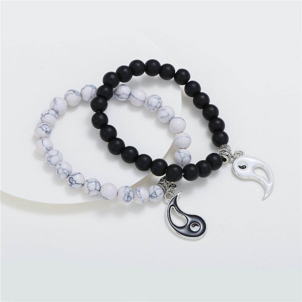 Moda Tai Chi Goteo Aceite Blanco Y Negro Con Cuentas Negro Esmerilado Blanco Turquesa Pulsera Conjunto display picture 5