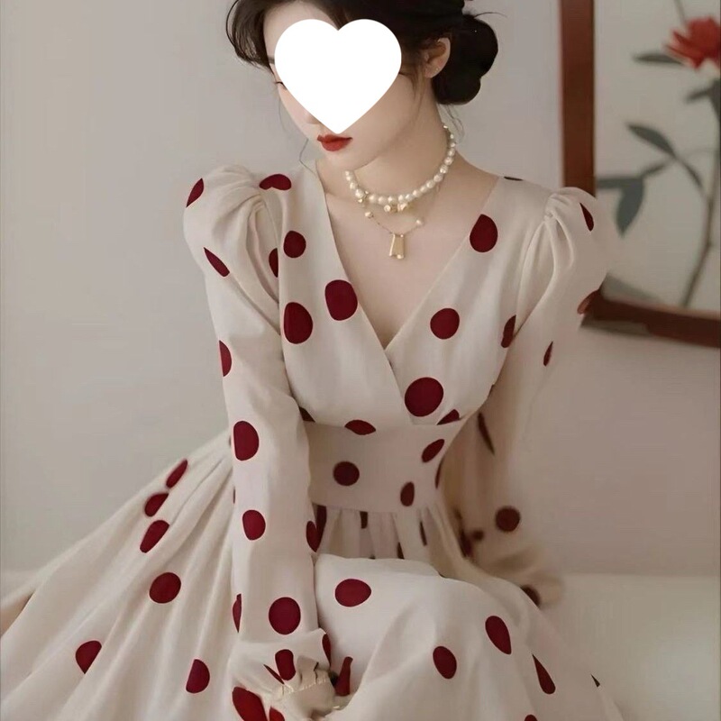 Plus-Size Women's Polka Dot Early Autumn New Long-Sleeve Dress, Beautiful and Formal French-Style Elegant Dress