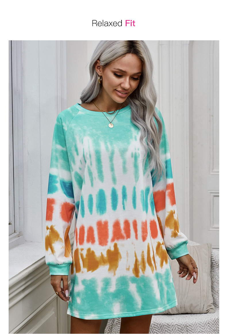 autumn and winter women s tie-dye round neck long-sleeved loose sweatershirt dress nihaostyles wholesale clothing NSSI79484