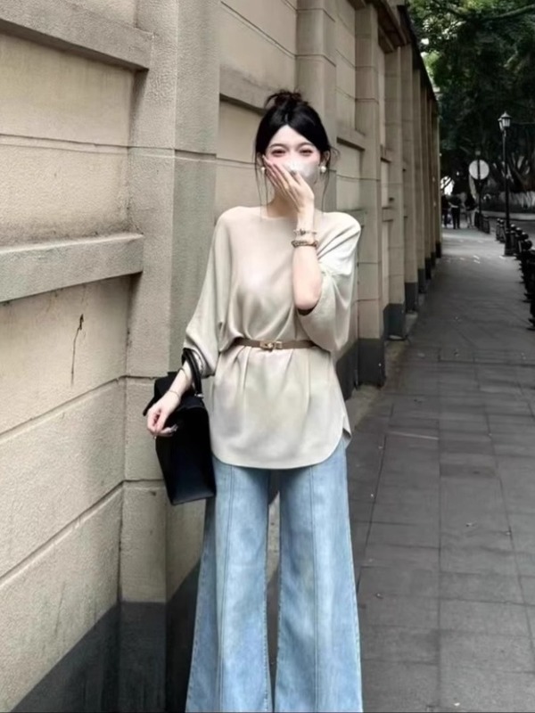 大码胖妹妹感法式气质圆领冰丝针织衫女气质宽松慵懒腰带上衣|undefined