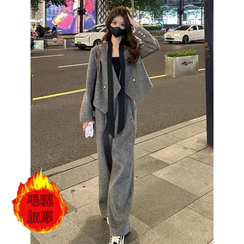 时尚感V领飘带毛呢西装外套女秋休闲直筒裤秋冬新款两件套装|undefined