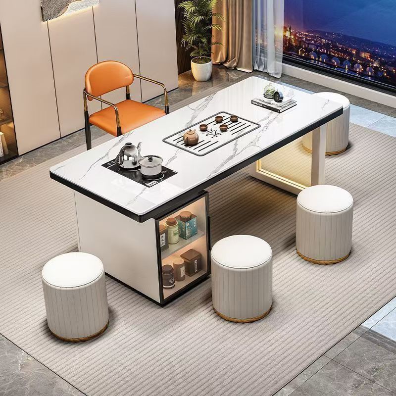 Red de Internet mesa de té de losa de roca de lujo ligero de estilo italiano, un conjunto completo de mesas y sillas de té de kung fu de oficina, mesa de té rectangular