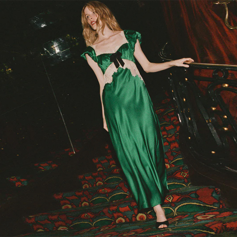 New Summer 2025 Green Square-Neck Silk Satin Long Dress, Elegant French Niche Style for Women