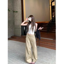 卡其色休闲阔腿裤女夏季薄款高腰显瘦宽松慵懒风直筒拖地长裤
