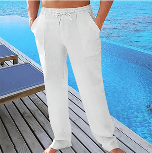 New Cross-Border Amazon Casual Men's Summer Breathable Pants Waist Drawstring Pocket Cotton and Linen Trousers Beach Pants