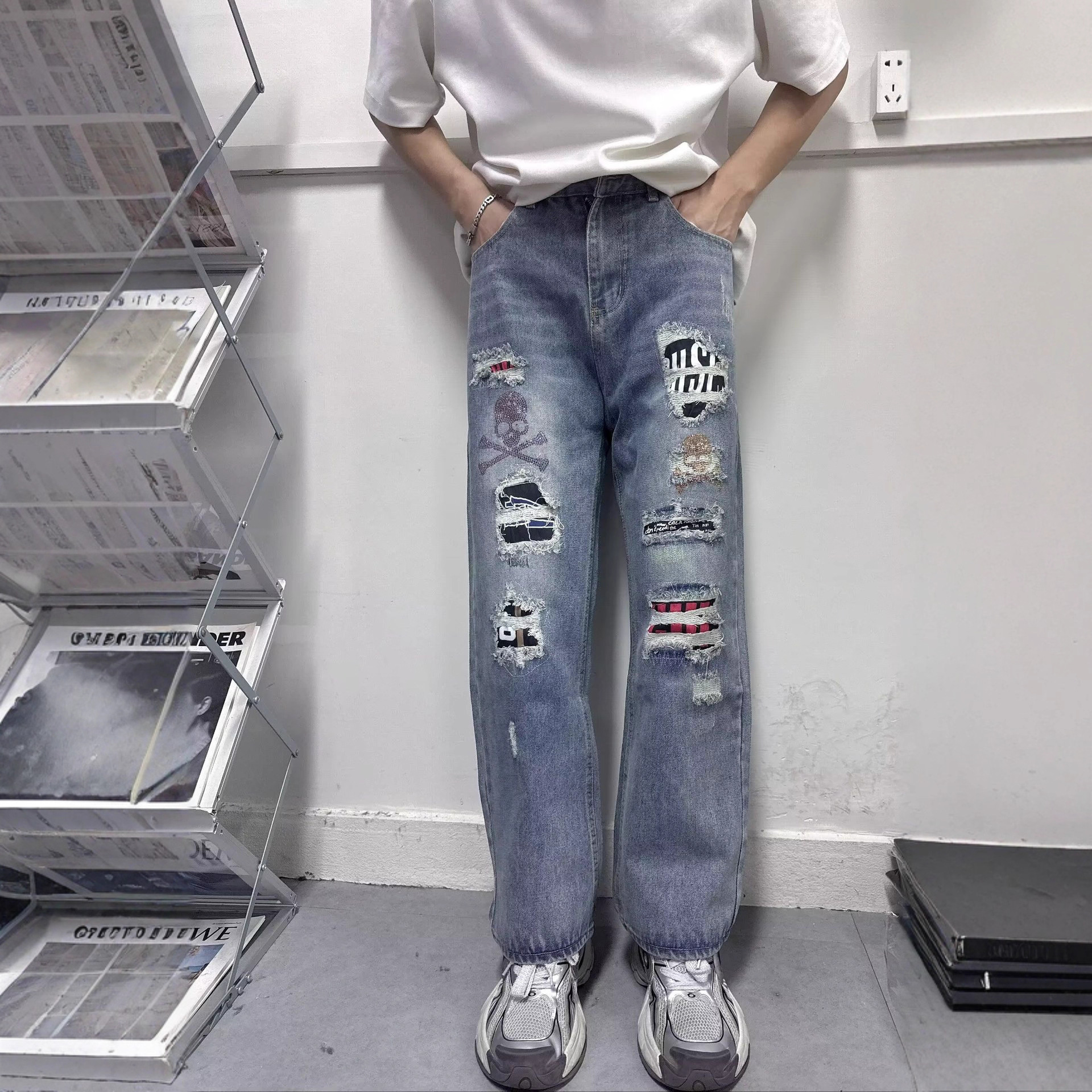 New Retro High Street Plus Size Loose Fit Jeans For Men Washed Paint Splattered Straight Leg Casual Long Pants Trendy_mkmklike.com