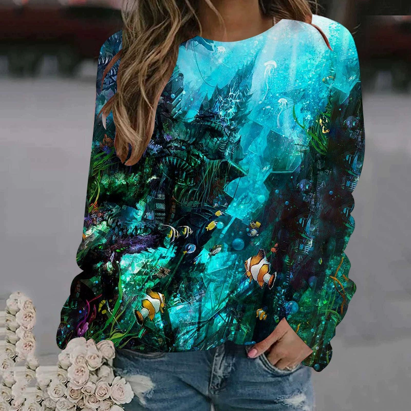 Женская юбка с круглым вырезом AliExpress Amazon, с 3D цифровым принтом на весну и осень, свободная юбка с длинным рукавом и длинным коралловым принтом