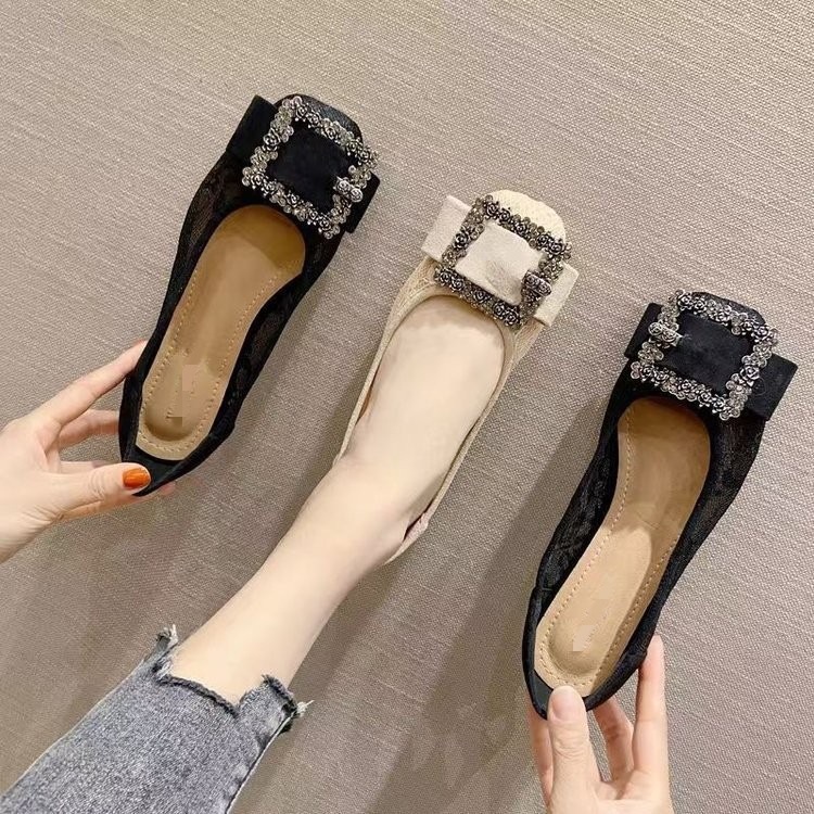 Zapatos de malla de encaje transpirables para mujeres 2026 verano superficial cabeza cuadrada de diamante para mujeres zapatos de suela suave zapatos de frijol